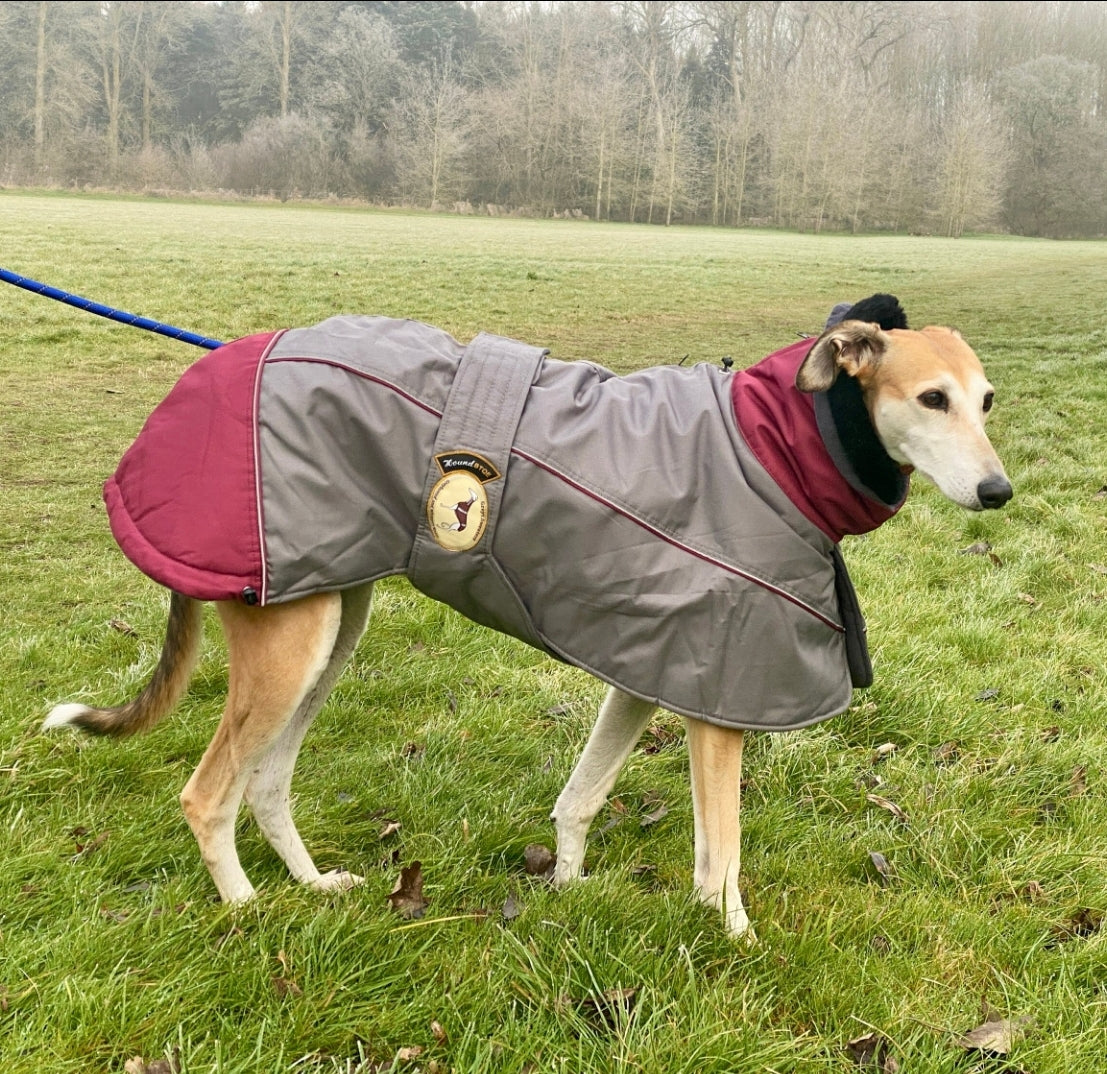 Waterproof Padded Luxury Jacket; Dark Grey/Burgundy for Whippets&Greyhounds - the luxury winter jacket collection