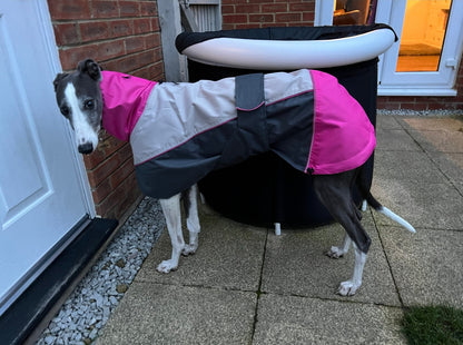 Rain coat for whippets, pink/grey - the waterproof rain coat collection