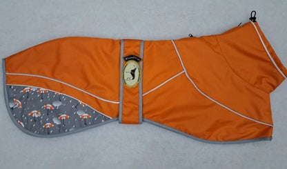 Orange umbrella print rain mac for greyhounds - the waterproof rain mac collection