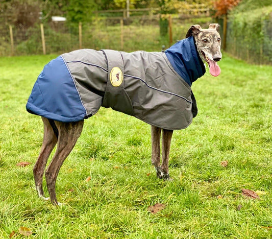 Waterproof Padded Luxury Jacket for Greyhounds Navy/grey- the luxury winter jacket collection