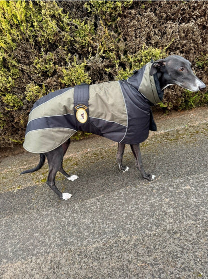 Waterproof Padded Luxury Jacket; Black/Khaki for Whippets - the luxury winter jacket collection