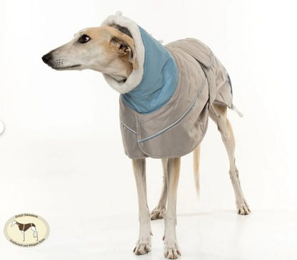 Waterproof Padded Luxury Jacket for whippets sky blue/grey- the luxury winter jacket collection