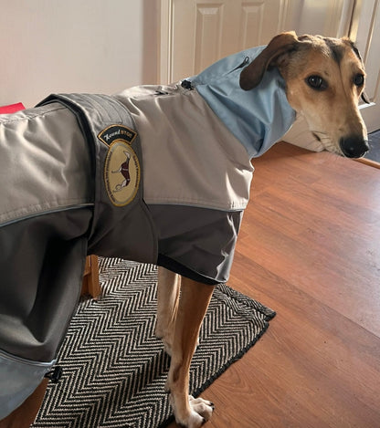 Waterproof rain coat for greyhounds, grey/powder blue - the waterproof rain coat collection