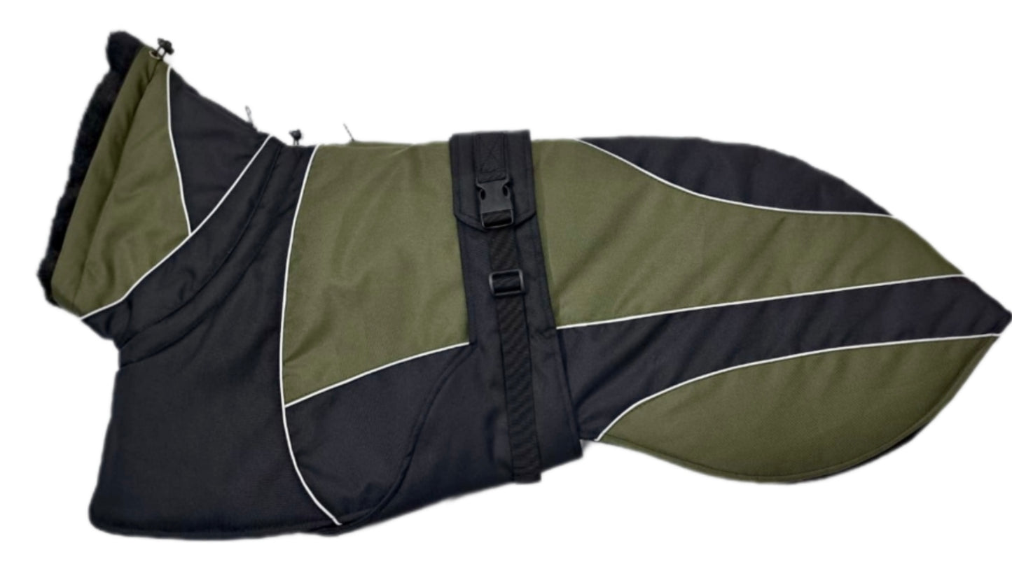 Waterproof Padded Luxury Jacket; Black/Khaki for Whippets - the luxury winter jacket collection