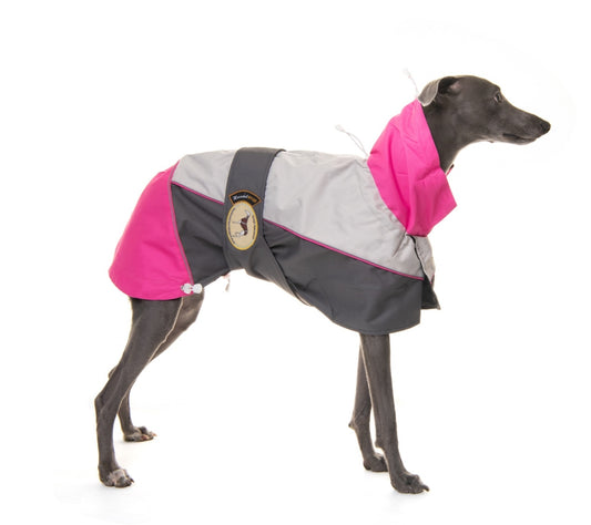 Rain coat for whippets, pink/grey - the waterproof rain coat collection