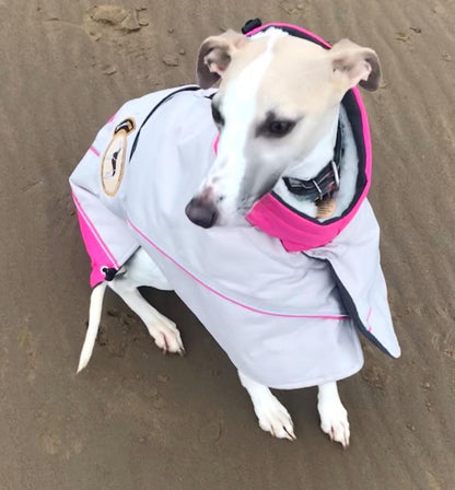 Waterproof Padded Luxury Jacket in pink for greyhounds and whippets - the luxury winter jacket collection