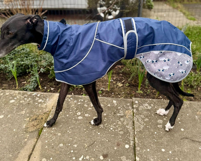 Navy Blue Umbrella Print Rain Mac for Whippets - the waterproof rain mac collection