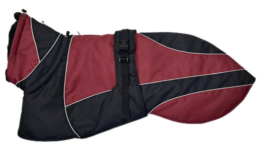 Waterproof Padded Luxury Jacket; Black/Wine for Greyhounds- the luxury winter jacket collection