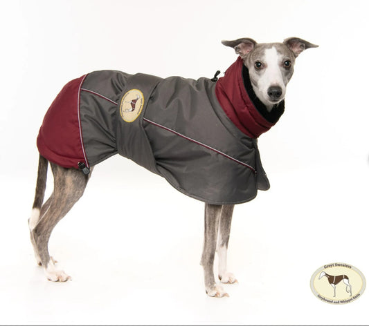 Waterproof Padded Luxury Jacket; Dark Grey/Burgundy for Whippets&Greyhounds - the luxury winter jacket collection