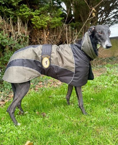 Waterproof Padded Luxury Jacket; Black/Khaki for Whippets - the luxury winter jacket collection