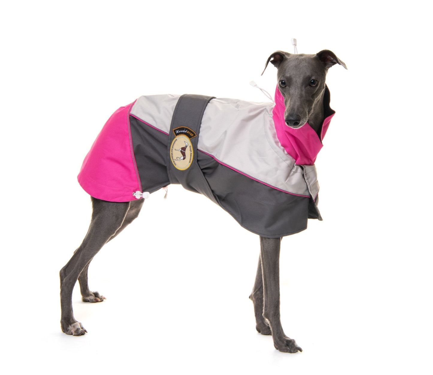 Rain coat for whippets, pink/grey - the waterproof rain coat collection